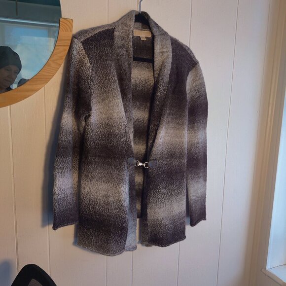 Cardigan in Brown and Cream by Michael Kors. Silver Clasp at waist, Long length - Picture 1 of 8